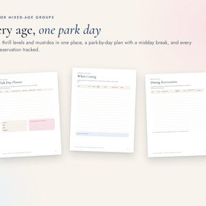 May include: Three white planner pages with dark text. The top reads MADE FOR MIXED-AGE GROUPS, Every age, one park day. The pages are titled Park Day Planner, Who's Coming, and Dining Reservations, featuring lined sections and colored boxes.