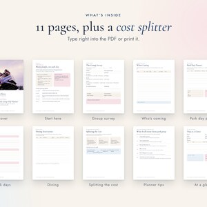 May include: A digital planner set featuring 11 pages and a cost splitter. The layout includes a cover with a roller coaster image, followed by sections for group surveys, dining reservations, park day planning, and trip summaries with fillable fields.
