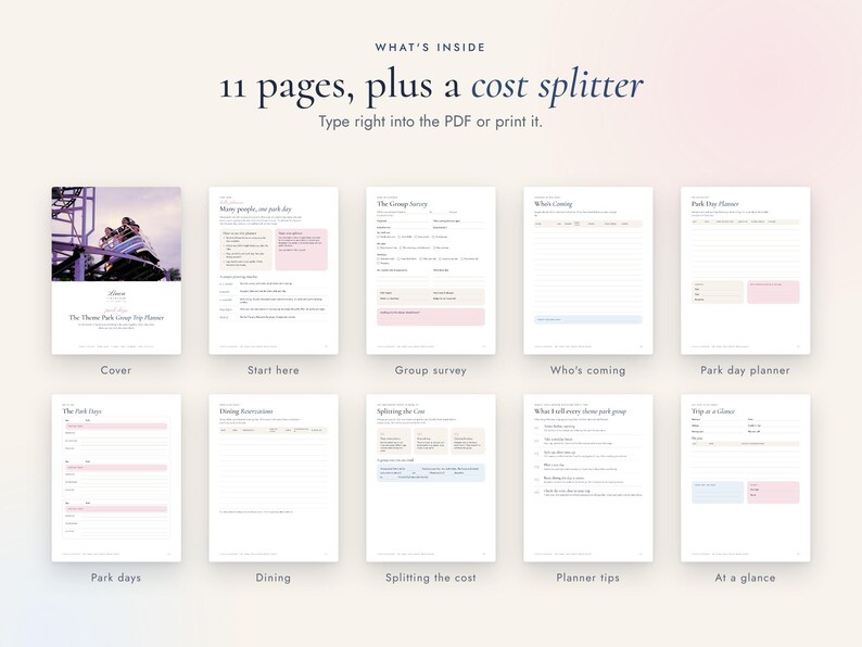 May include: A digital planner set featuring 11 pages and a cost splitter. The layout includes a cover with a roller coaster image, followed by sections for group surveys, dining reservations, park day planning, and trip summaries with fillable fields.