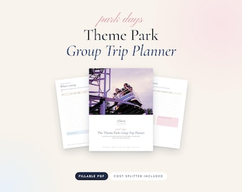 Printbare planner voor een groepsuitje naar een themapark, vakantieplanner voor Orlando, invulbaar PDF-bestand met kostenverdeling
