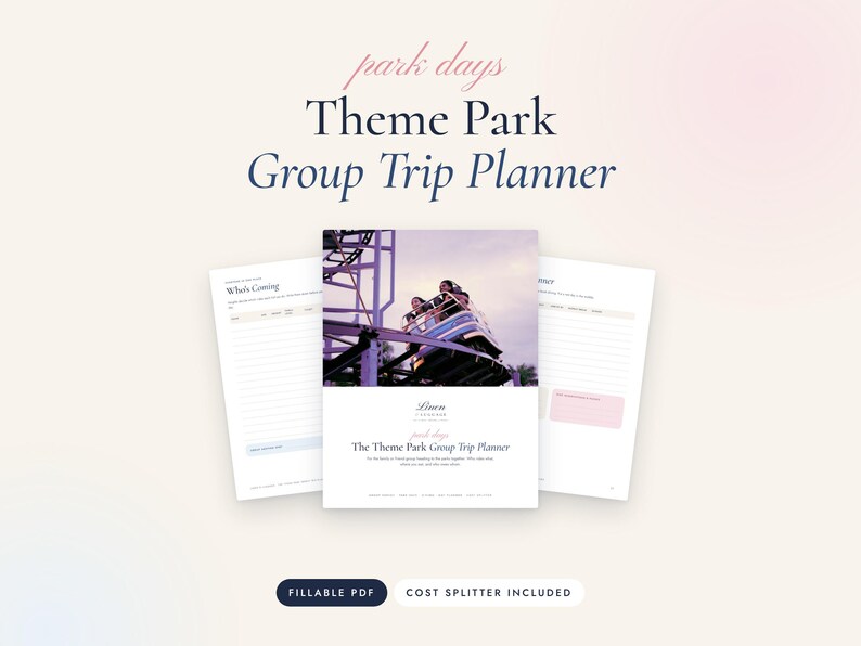 May include: A digital Theme Park Group Trip Planner document featuring a cover page with a roller coaster image and two interior pages with lined sections for planning, including the text "park days" and "Theme Park Group Trip Planner".