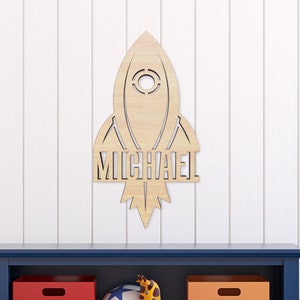 Space Rocket wood name sign, name sign for nursery girl, boy, over crib sign, baby name sign, family name sign, last name sign