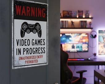 Warning Video Game Metal Room Sign, Gaming Gift Ideas for Gamers
