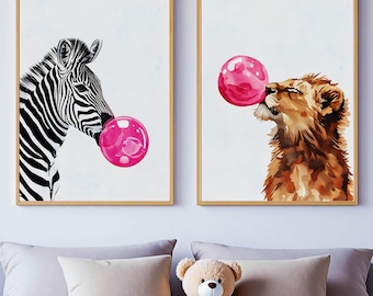 Animal Bubblegum Print, Playroom Poster Set, Playful Wall Art, Safari Nursery