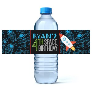 Space Birthday Water Bottle Labels - Birthday Water Bottle Label - Personalized Water Bottle - Rocket Ship