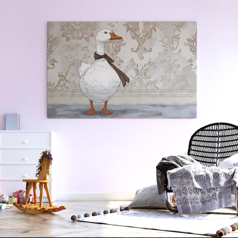 May include: A framed canvas print featuring a cartoon goose wearing a brown scarf. The goose is white with orange feet and beak, set against a vintage floral wallpaper background. The artwork is displayed in a child's room.