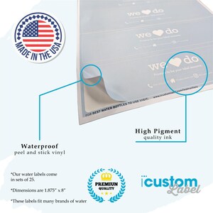 Puede incluir: Etiquetas impermeables para botellas de agua, de vinilo autoadhesivo, en juegos de 25. Las etiquetas miden 4,76 cm x 20,32 cm y se adaptan a muchas marcas de botellas de agua. Las etiquetas est&aacute;n hechas en los EE. UU. y cuentan con tinta de alta calidad con pigmentos. Las etiquetas est&aacute;n impresas con el texto "we do" y un s&iacute;mbolo de coraz&oacute;n. Las etiquetas son de iCustomLabel.