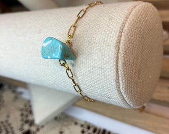 Blue Magnesite Anklet, 18K Gold Plated Paperclip Chain, Handmade Beach Jewelry, Gift for Her