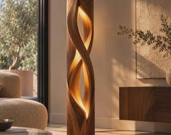 Sculptural Wooden Floor Lamp, Modern Walnut LED Lighting, Luxury Home Deco