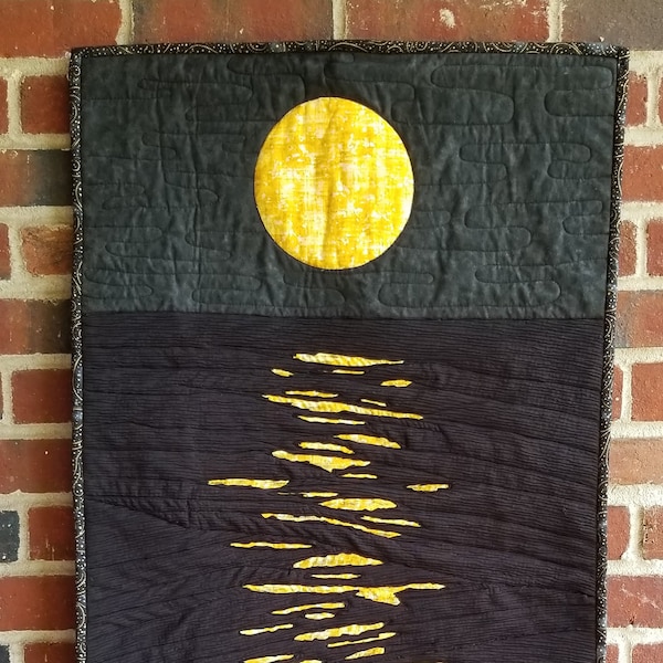 Moonshine Art Quilt: Fiber Art Landscape Wall Hanging (21x40 inches), MADE TO ORDER