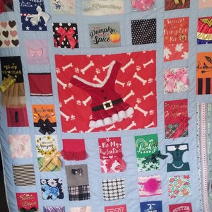 Pu&ograve; includere: Una trapunta patchwork blu e bianca con vari quadrati che presentano diversi disegni e testi. Alcuni quadrati presentano testi come "Pumpkin Spice", "Be My Pawlentines", "American Gutie", "Sweater Pumpkin Pie" e "Happy New Year". Altri quadrati presentano immagini come un motivo a osso di cane, un abito di Babbo Natale, un personaggio di Topolino e un personaggio di Wonder Woman.