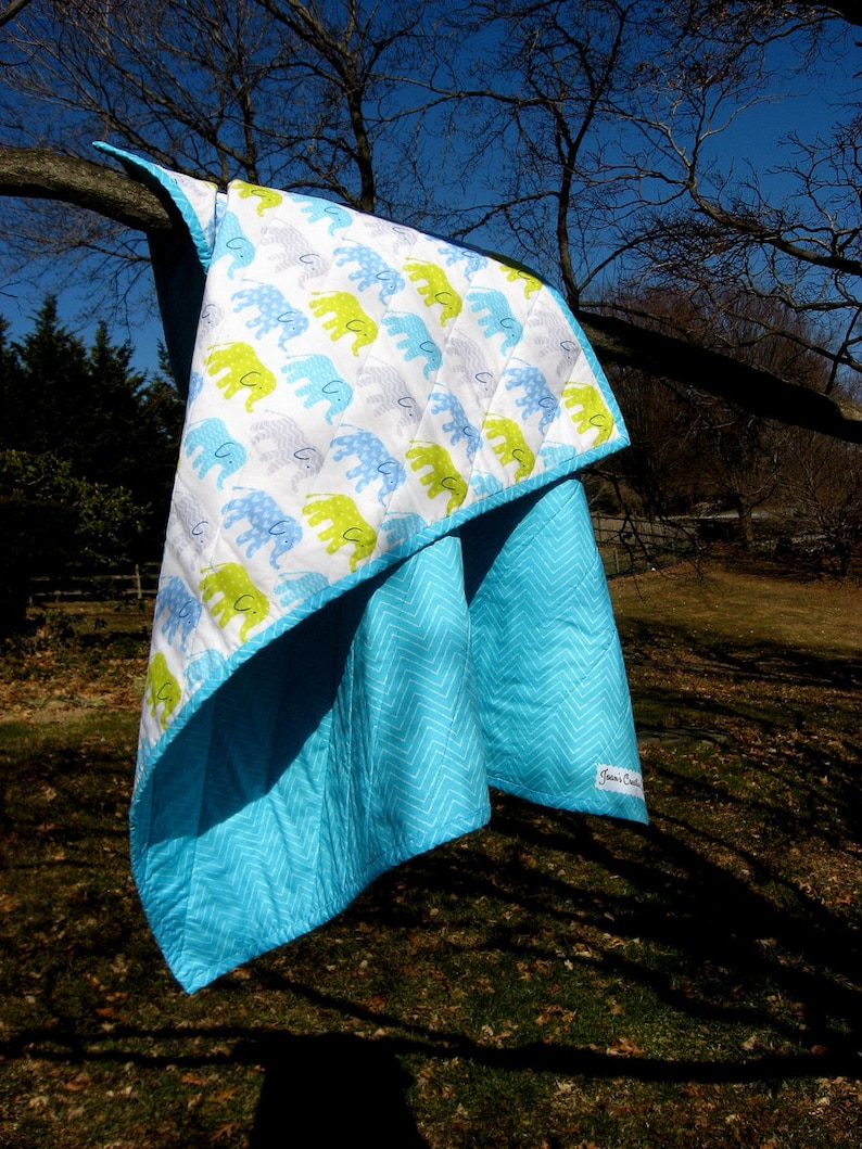 Organic Baby Quilt Baby Quilt Elephant Quilt Blue Chevron Quilt Unisex Baby Quilt READY TO SHIP Bamboo Batting