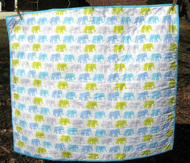 Organic Baby Quilt Baby Quilt Elephant Quilt Blue Chevron Quilt Unisex Baby Quilt READY TO SHIP Bamboo Batting
