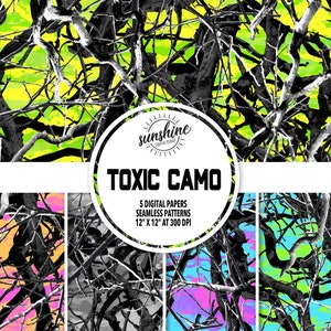 以下が含まれることがあります： 毒性迷彩デザインのデジタルペーパーセット。パターンは、黒い木の枝がネオンの緑、ピンク、青の背景に描かれています。画像には「TOXIC CAMO」と「5 DIGITAL PAPERS SEAMLESS PATTERNS 12" X 12" AT 300 DPI」と書かれています。