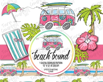 SOMMER STRAND MUSTER | Strand Papier gebunden | Digitales Papier | Sommer Urlaub Clipart | Sommer Digitales Papier | Vw Bus | Retro