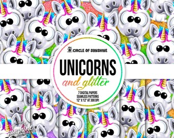 Nahtloses Einhorn Papier | Einhorn Muster | Digitales Papier | Basteln Scrapbooking Kunst | Niedliche Hintergrundbilder Glitzer Hintergrund