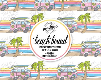 BEACH PATTERN | Beach Bound Paper | Digital Paper | Summer Vacation Clipart | Summer Digital Paper | VW Bus | Retro