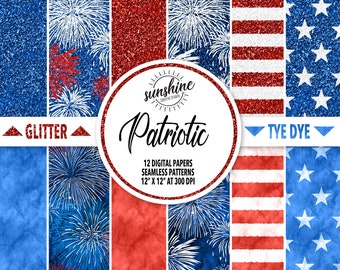 Vaterländisches Papier | Juli 4 Muster | Krawatten- und Glitzer |  | Digitales Papier | Amerikanische Flagge Digitales Papier | Rot Weiß Blau Glitzer