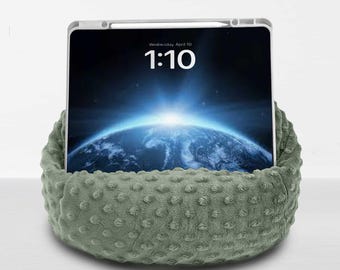 SAGE GREEN iPad Pouf, Tablet Pouf, Book Pouf, Bean Bag Pillow for Book, Nook, or Kindle. Soft  Fleece Fabric Dots, Made in the USA!