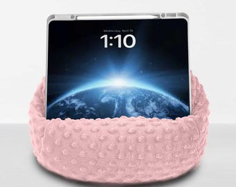 PETAL PINK iPad Pouf, Tablet Pouf, Book Pouf, Bean Bag Pillow for Book, Nook or Kindle,  Soft  Fleece Fabric Dots, Made in the USA!