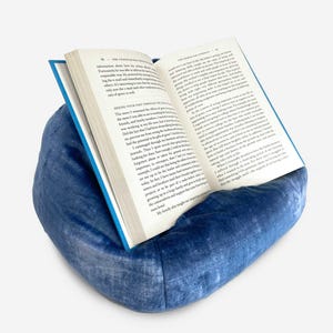 iPad Pouf, Tablet Pouf, Book Pouf, Bean Bag Pillow for Book, Nook or Kindle, Book Pouf, Fuzzy Soft Faux Fur, BLUE DENIM Made in the USA