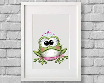 Cute Princess Frog WALL ART, Kids Room, Classroom Decor, Instant Download, Digital File