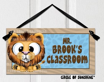 Lion Door Sign, Blue, Safari Jungle Animals, Home Decor, Office Decor, School Classroom Decor