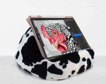 COW PRINT iPad Pouf, Tablet Pouf, Bean Bag Pillow for Book, Nook or Kindle, Book Pouf, Fuzzy Soft Faux Fur, Made in the USA