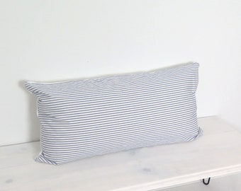 Blue Ticking Pillow Cover 20 x 36, King Size Pillow Cover, White Denim Backing, Hidden Zipper