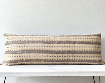 Geometric Lumbar Chenille Pillow Cover 20 x 48, Beige with Light Blue and Yellow Squares with  Denim Backing, Bench Pillow