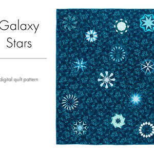 May include: A teal blue quilt pattern with the title "Galaxy Stars" and the text "digital quilt pattern". The quilt features a variety of white and blue star shapes on a teal blue background.