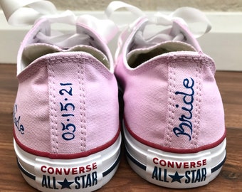 Wedding Bridal Custom Hand painted pink Converse shoes with satin ribbon shoelaces. Wedding date, name, Just married, unique customized gift