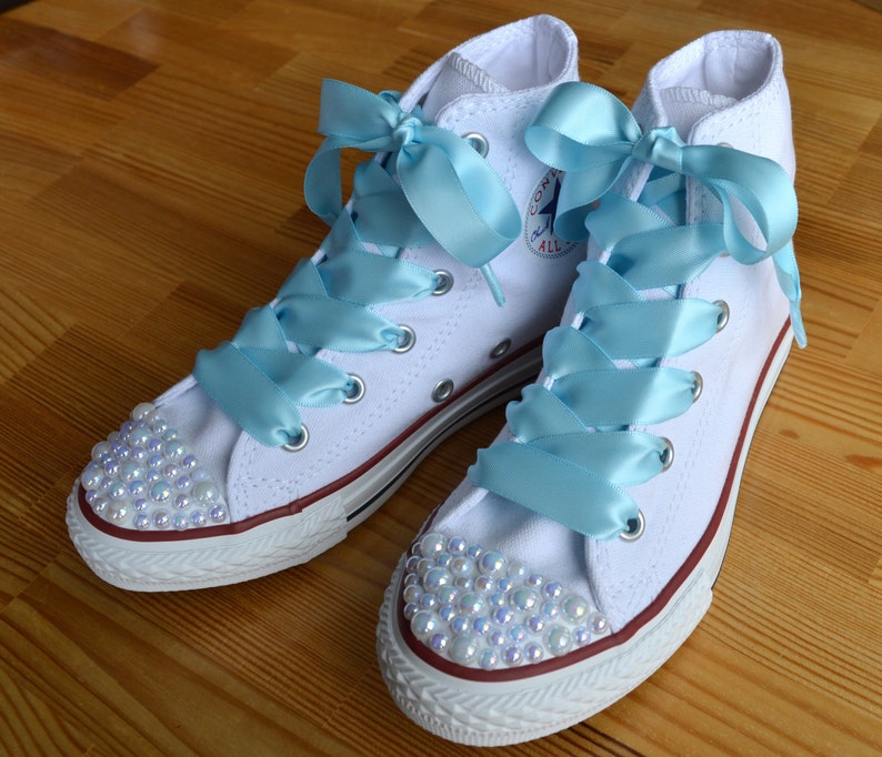 Custom Converse shoes with white Pearls and blue satin Custom Converse shoes with white Pearls and blue satin
