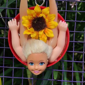 UPCYCLED ART &quot;Sunflower Jazz Hands&quot; barbie doll assemblage decor found object glitter hanging plastic jar cap weird unique OOAK