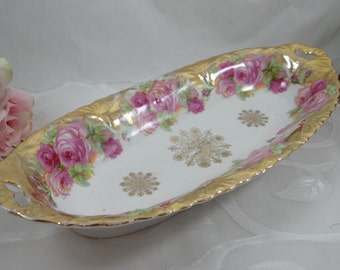 1930s Vintage Antique German Pink Rose and Gold Oval Serving Dish or Bowl - Stunning