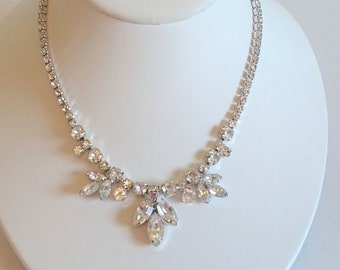 Stunning Signed Weiss Clear Rhinestone Necklace with Marquis and Round Faceted Rhinestones on a Silver Tone Setting - Bridal Prom Cotillion