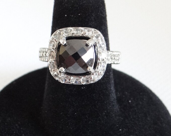 Black Faceted Square Rhinestone Ring on a Silver Tone Setting Size 6-1/ ...
