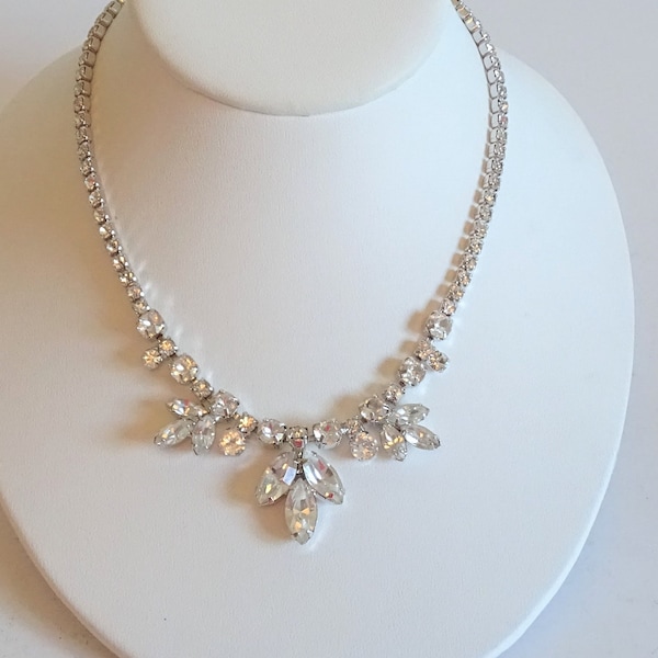 Stunning Signed Weiss Clear Rhinestone Necklace with Marquis and Round Faceted Rhinestones on a Silver Tone Setting - Bridal Prom Cotillion