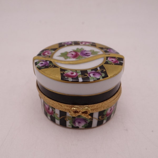 Vintage Signed Limoges France Peint Main Hand Painted Hat Box Trinket Pill Box - So cute