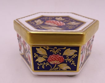 Vintage Royal Crown Derby English Bone China Hand Painted Imari  Pattern 1298 Hexagonal Trinket Box Ring Box