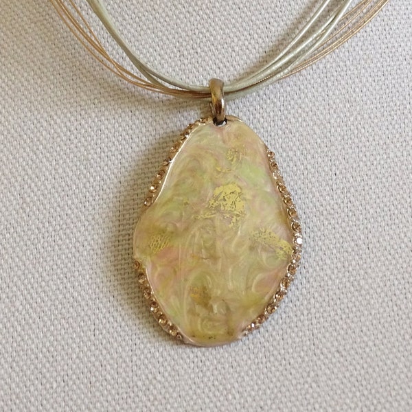 Chico's Cream and Shiny Gold Lustre Pendant Necklace with Gold Cording and Silver Wire Chain - So Pretty!