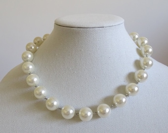 Ivory Graduated Faux Pearl Knotted Necklace with Silver Tone Chain - A Lovely Adjustable Vintage Pearl Necklace