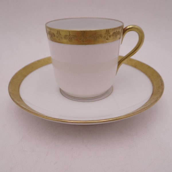 Antique 1890s T&V Tressemann and Vogt Limoges France Gold and White Demitasse Cappuccino Teacup and Saucer Set French Tea Espresso Cup