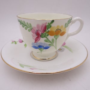1930s Hand Painted Vintage Delphine China English Bone China Colorful Floral English Tea cup and Saucer set Bright and Colorful Tea Cup