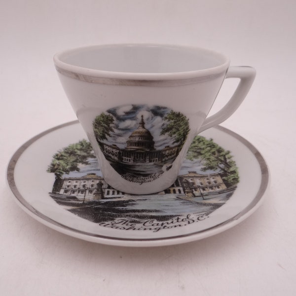 1950s Vintage Washington D.C Capitol Souvenir Demitasse Cappuccino Espresso Teacup and Saucer Set