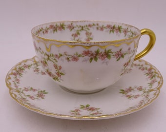 1900s Vintage Factory Decorated Haviland & Co Limoges France Teacup and Saucer Set  for John Carson Bros Chicago Tea Cup - 11 Available