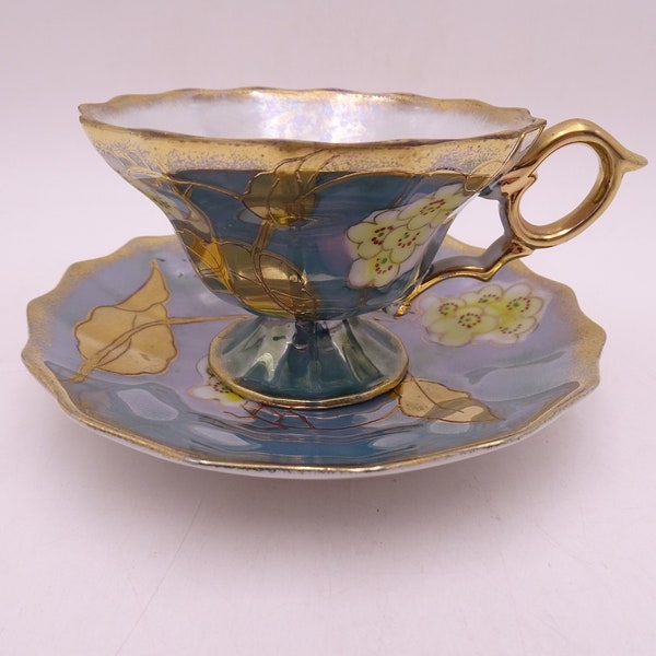 Vintage Japan Blue Lusterware Gold Outlined Floral Teacup and Saucer Tea Cup