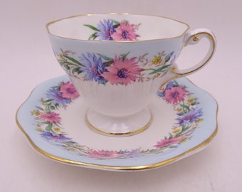 1950s Vintage Foley English Bone China Pink and Blue "Cornflower" Teacup and Saucer Set Elegant English Tea Cup