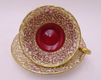 Stunning Hand Painted Vintage English Bone China Royal Stafford Red and Gold Pink Floral Chintz Teacup and Saucer set Pretty English Tea Cup