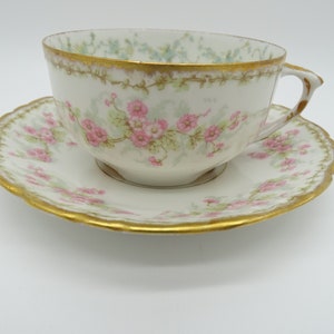 c1900s Spectacular Bawo Dotter Elite Limoges Pink Floral Double Trim Tea Cup and Saucer Set French Teacup - 14 Available